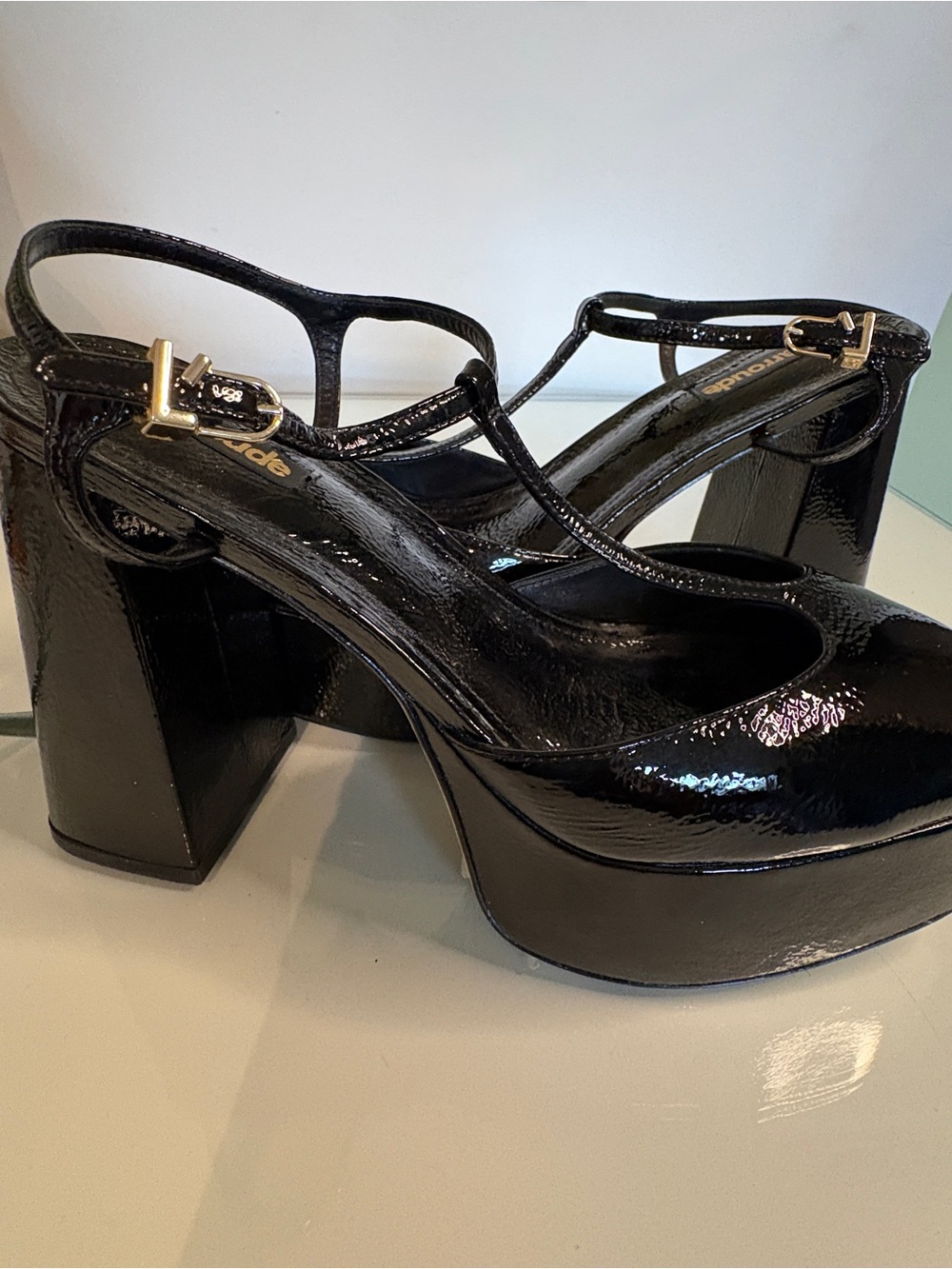 Larroude Black Patent Platform Mary Jane Heels with Ankle Strap